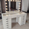 OEM Makeup Vanity Desk with Mirror and Lights Glass Top 13Drawers Adjustable Shelves Dressing Table Charging Station for Bedroom