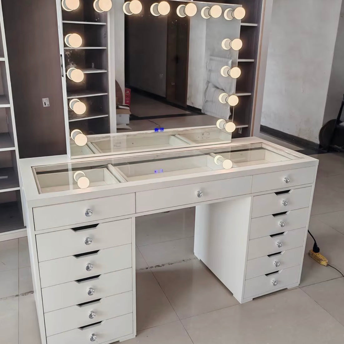 OEM Makeup Vanity Desk with Mirror and Lights Glass Top 13Drawers Adjustable Shelves Dressing Table Charging Station for Bedroom